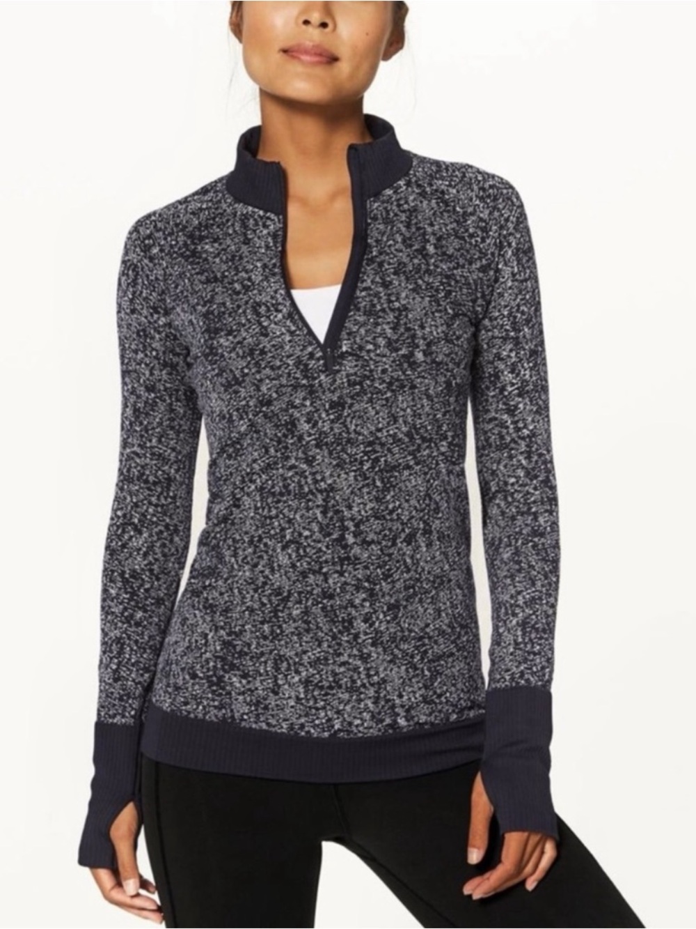 LULULEMON RestLess 1/2 Zip Pullover Thumbholes Black White Top MTall Pilates Run